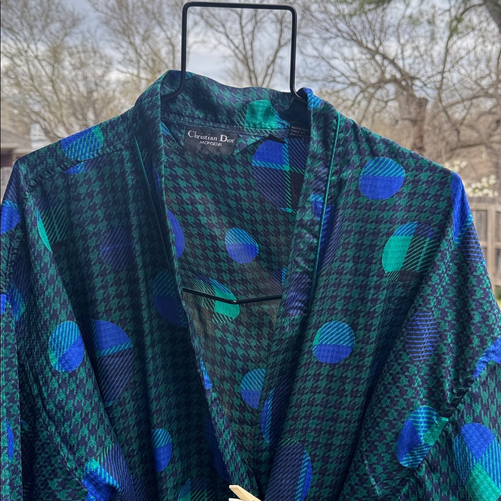 To die For Vintage Midcentury Christian Dior Blue Green Herringbone Circles Robe